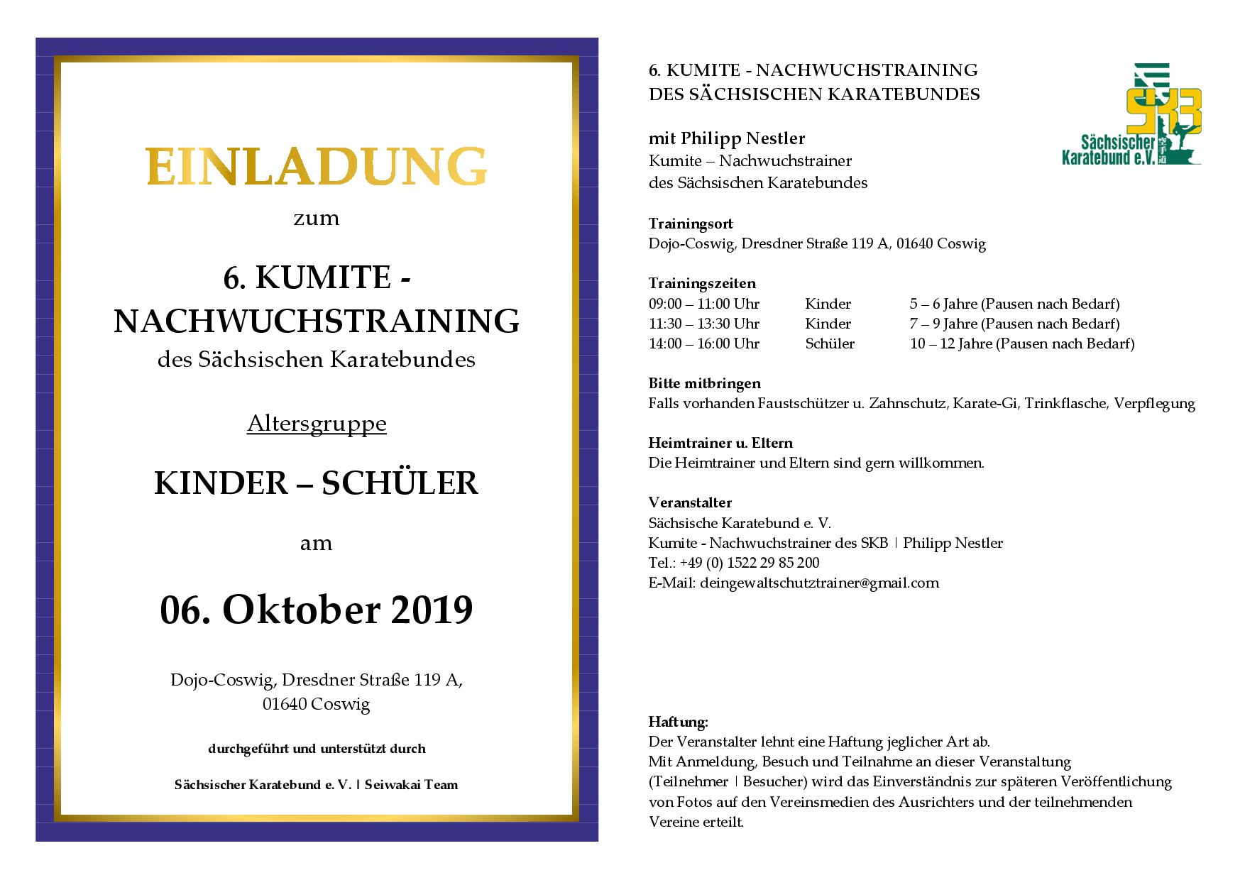 2019.10.06 Einladung 6. Kumite Nachwuchstraining Sachsen Oktober 2019